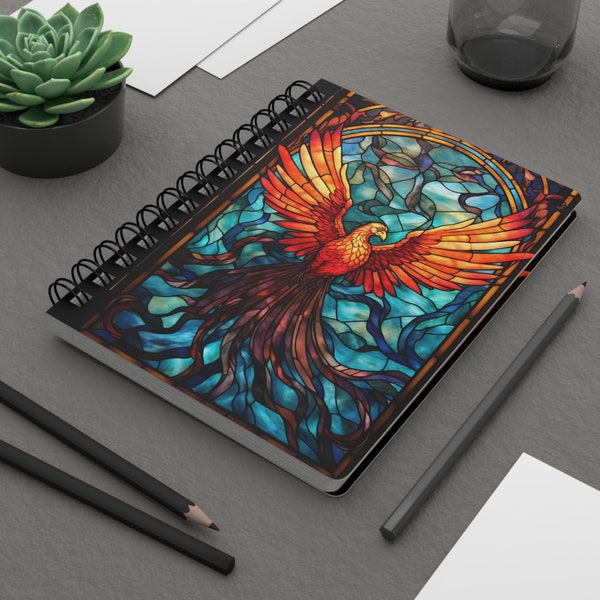 Phoenix Stained Glass Window Spiral Bound JournalDreamy Design Diary Book Travel jaesthetics, Birthday Gift Notebook School lined journal