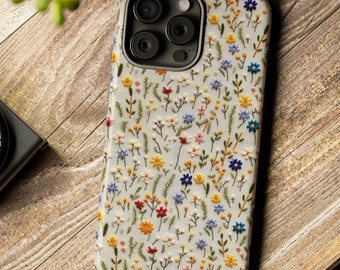 Cute Wild Flowers Embroidered Look Phone Case , Floral  Phone Cover Cottagecore iPhone Samsung Dark Academia Goblincore