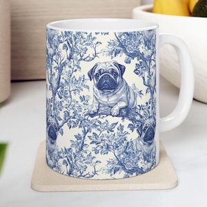 Pug Lover Gift, French Toile de Jouy Blue Ceramic Mug, Coffee Cup, Dog Mom Present, Animal Lover, Kitchen Decor