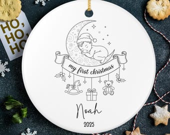 Personalized Baby’s First Christmas Ornament – Custom Name 2026 Keepsake – Newborn Moon and Stars Holiday Decoration