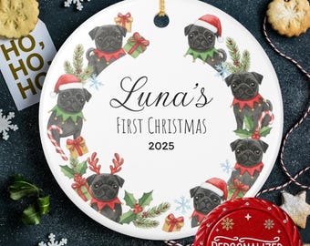 Personalized Pug Ornament – Dog’s First Christmas 2026 Keepsake, Custom Pet Holiday Gift, Black Pug Lover Christmas Tree Decoration