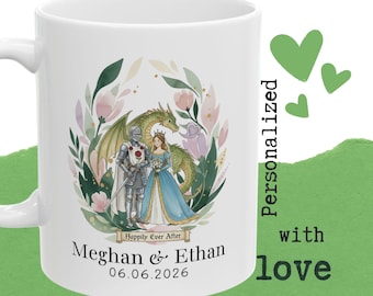 Personalized Wedding Mug for Couple, Custom Bride and Groom Coffee Mug, Fairy Tale Wedding Gift with Names and Date, Anniversary Mug