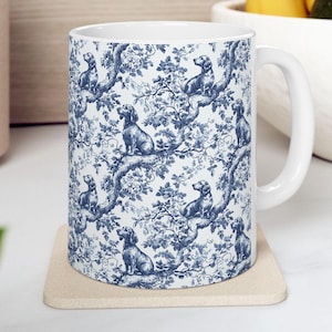 Ceramic Mug, Dachshund French Toile de Jouy Blue Coffee Cup, Doxie Mom Sausage Dog Tea Drinkware, Dog Lover Gifts, Pet Owner Presents,