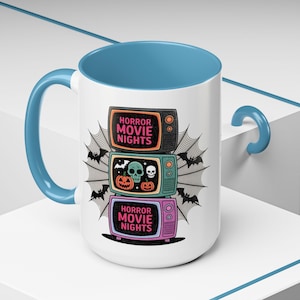 Horror Movie Nights Mug, Halloween TV Stack Cup, Retro Scary Movie Coffee Mug, Spooky Movie Night Gift, Goth Skull Mug