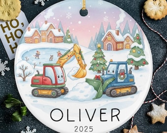 Kids Christmas Construction Truck Name Ornament - Personalized Christmas 2026 Kids Ornament - Custom Name and Year Boys Ornament