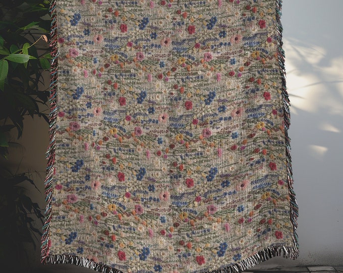 Wildflowers Boho Heirloom Woven Blanket,  wall hanging, picnic blanket, cottagecore decor, wildflower blanket, woven wildflower tapestry