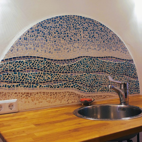 Tableau en mosaïque "Mer et vagues" pour dosserets en carrelage de cuisine