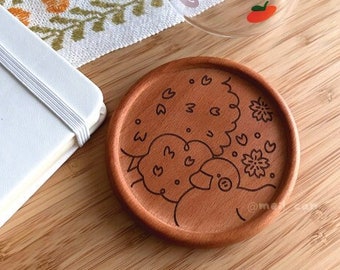 Duckie Under Sakura Tree | Engraved Wooden Coaster, Home Decor, Aesthetic, Home Cafe, Drinkware