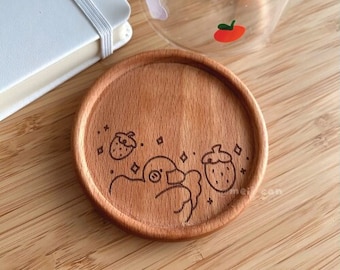 Duckie & Strawberries | Engraved Wooden Coaster, Home Decor, Aesthetic, Home Cafe, Drinkware