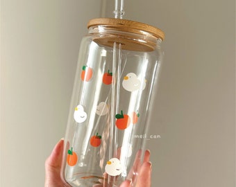 Duckie Orange Cup | Cute Duck Glass Cup with Bamboo Lid and Straw Cute Iced Coffee Cups, 16oz Clear Glass Jar, Libbey Beer Glass Cup