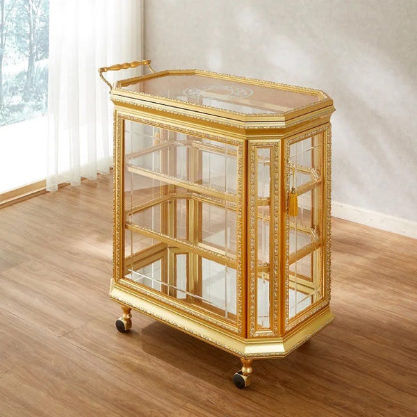 Gold Bar Trolley in Solid Wood Decorated Glass Brass Handle - Bar Trolley in Solid Wood Handmade Gold Leaves Solid Brass Made in Italy