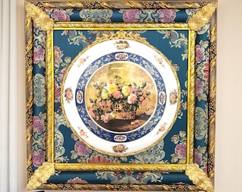 Ręcznie wykonana artystyczna okrągła tabliczka porcelanowa w zdobionej drewnianej ramie Artystyczna tabliczka porcelanowa zdobiona ręcznie Rama Wyprodukowano we Włoszech