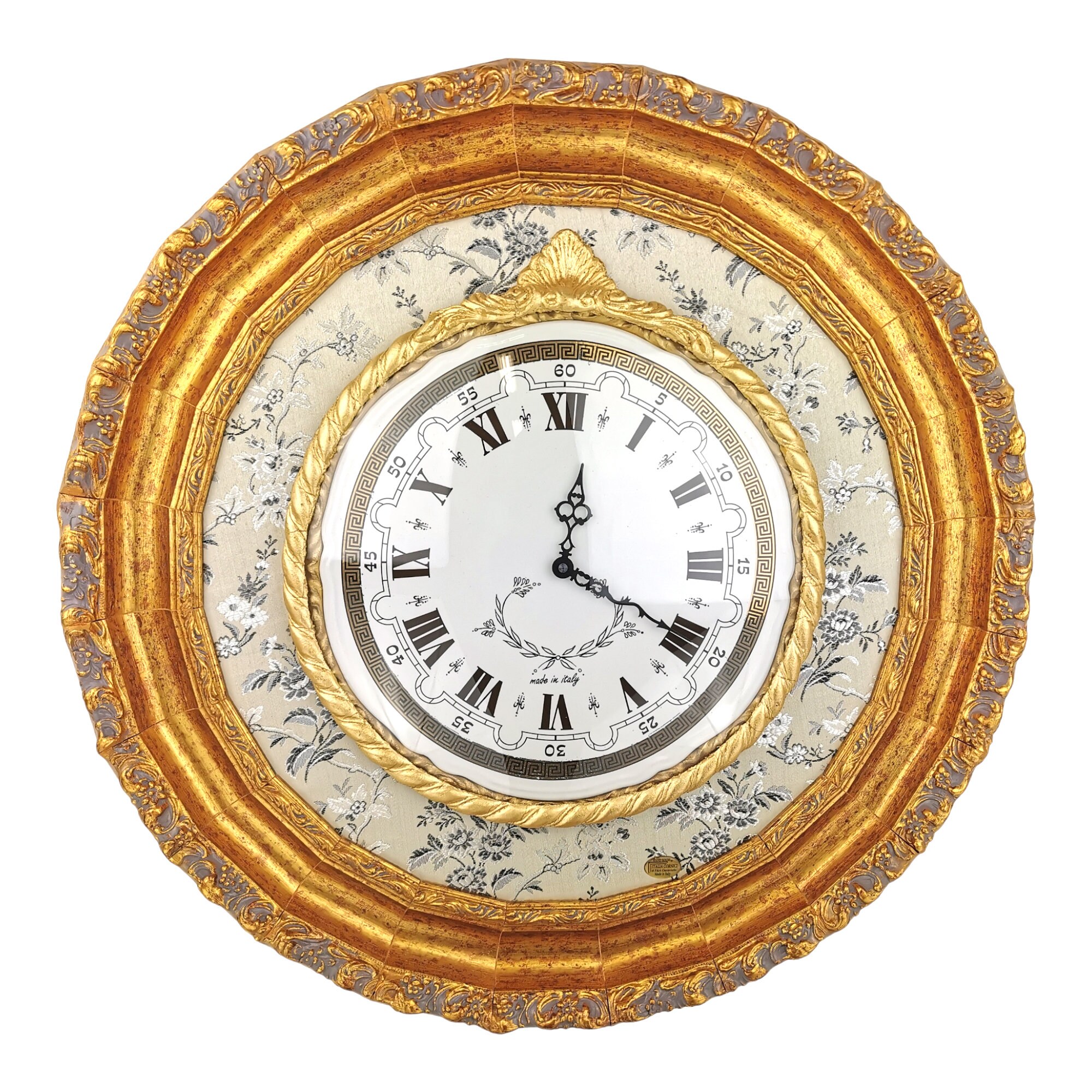 Handmade Wall Clock, Craftsman clock, Unique Orologio da Parete in Porcellana con Vetro Cornice in Legno Oro Antico 100% Made in Italy