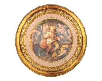 Hand made Artistic Porcelain Round Plaque in decorated wooden frame Artistic porcelain plaque decorated by hand Frame Made in Italy