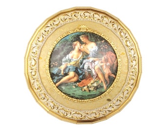 Ręcznie wykonana okrągła tablica z porcelany artystycznej w zdobionej drewnianej ramie Artystyczna tablica z porcelany zdobiona ręcznie w ramie Made in Italy