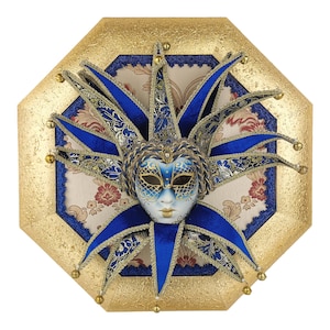 Framed Genuine Venetian Mask - Original Venetian Joker Maxi Rialto Mask with collar with wooden frame and fabric 100% Made in Italy