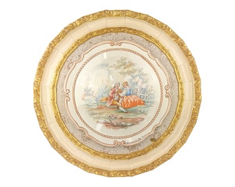 Ręcznie wykonana okrągła tablica z porcelany artystycznej w zdobionej drewnianej ramie Artystyczna tablica z porcelany zdobiona ręcznie w ramie Made in Italy