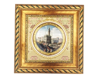 Ręcznie wykonana okrągła tablica z porcelany artystycznej w zdobionej drewnianej ramie Artystyczna tablica z porcelany zdobiona ręcznie w ramie Made in Italy
