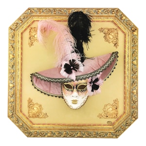 Framed Genuine Venetian Mask - Original Venetian Lady Mask with Feathers with wooden frame and fabric 100% Made in Italy