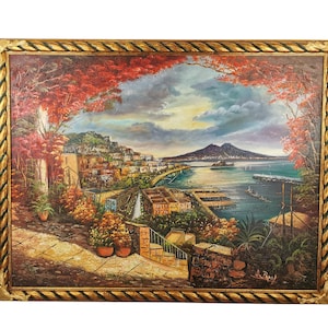 Painters Academy of Fine Arts, Gulf of Naples, Oil Painting on Canvas Hand Painted with Frame and Friezes 106 x 136 cm