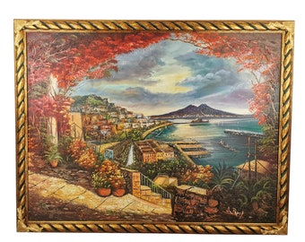 Painters Academy of Fine Arts, Gulf of Naples, Oil Painting on Canvas Hand Painted with Frame and Friezes 106 x 136 cm