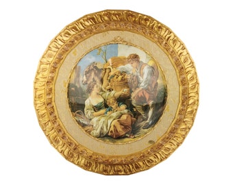 Ręcznie wykonana okrągła tablica z porcelany artystycznej w zdobionej drewnianej ramie Artystyczna tablica z porcelany zdobiona ręcznie w ramie Made in Italy