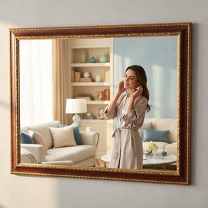 May include: A rectangular wall mirror featuring a dark brown wooden frame with a decorative gold-toned inner border. The frame has a textured, rope-like pattern along the edges, providing a classic look that reflects a living room interior.