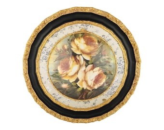 Ręcznie wykonana okrągła tablica z porcelany artystycznej w zdobionej drewnianej ramie Artystyczna tablica z porcelany zdobiona ręcznie w ramie Made in Italy