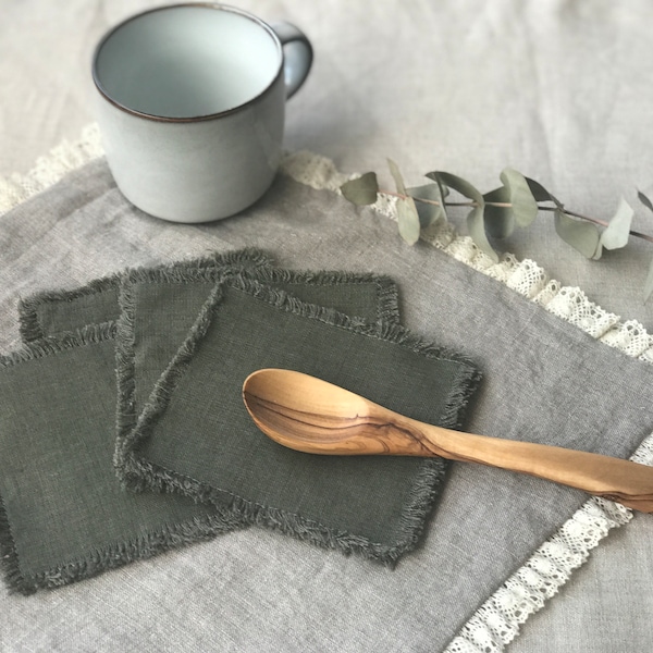 Linen coasters set of 4 Reusable coasters for mugs Small linen napkins with fringes Linen cloths House warming gift Double layer