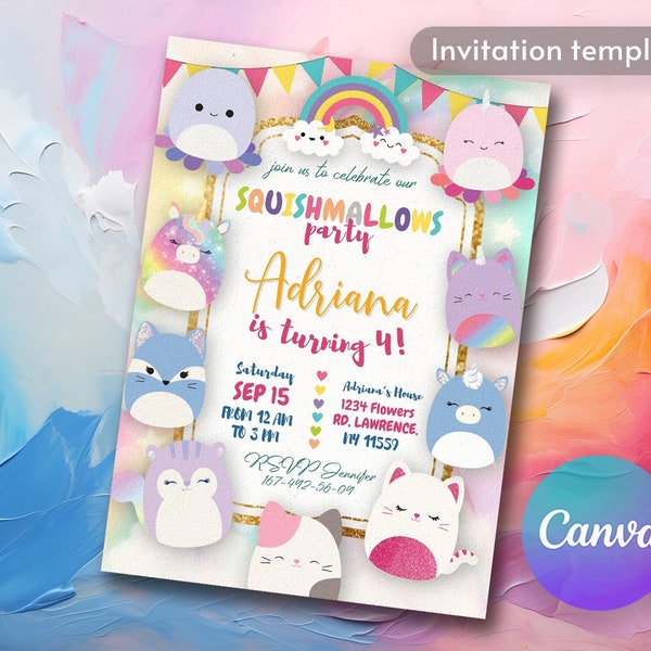 Printable Squish birthday invitation, girl birthday invite, squish invite, squishmallow Editable invitation, squishy party