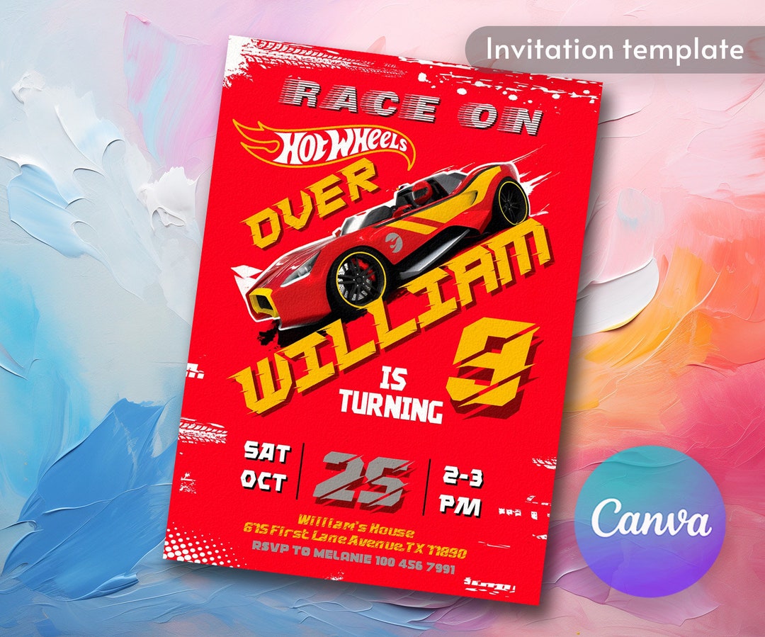 Boy Birthday Party Invitation Template, Cars Birthday Invitation, Hot Racing Invite, Wheels