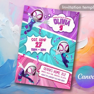 May include: A colorful invitation for a birthday party featuring a cartoon character in a pink and blue comic book style. The invitation says "Swing on by to celebrate Olivia is turning 9".