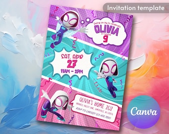 May include: A colorful invitation for a birthday party featuring a cartoon character in a pink and blue comic book style. The invitation says "Swing on by to celebrate Olivia is turning 9".