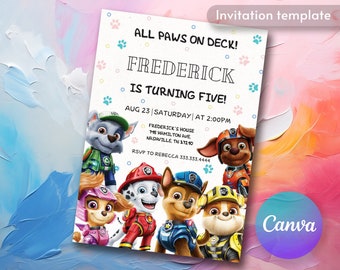 Druckbare, anpassbare Einladung für Welpengeburtstage (Junge/Mädchen), Welpenparty, Sofort-Download, Vorlage für eine Kindergeburtstagseinladung mit Pfotenmotiv