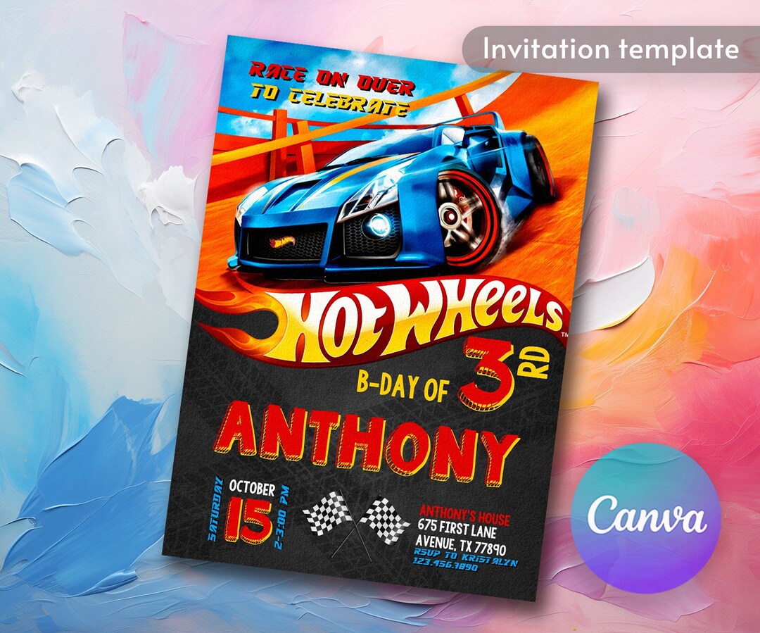 Boy Birthday Party Invitation Template, Cars Birthday Invitation, Hot Racing Invite, Wheels
