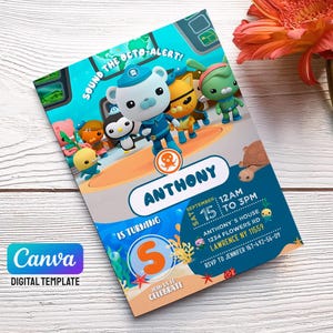 Convite Octonauts, convite de aniversário editável para impressão, convite Capitão Barnacles, modelo de convite para festa de aniversário de menino e menina