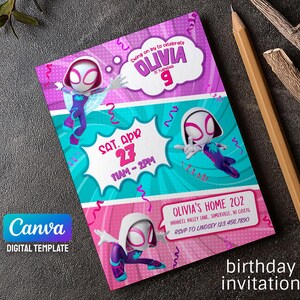 Gwen Birthday Invitation, Spider-verse Girl Birthday Invite, Editable ...