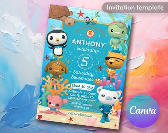 May include: A blue and white birthday invitation featuring cartoon characters from the show "The Octonauts". The invitation is for Anthony's 5th birthday party and includes the date, time, and location of the party. The text on the invitation reads "Anthony is turning 5, Saturday, September 15, 12AM to 3PM, Anthony's House, 1234 Flowers Rd, Lawrence NT 11559, RSVP to Jennifer 167-492-56-09, Let's celebrate!"