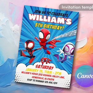Invitación de cumpleaños para niño imprimible, invitación de cumpleaños de superhéroe, invitación de amigos de Spidey, invitación de fiesta de cumpleaños de Spiderman, superhéroe