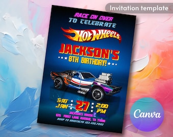 May include: A blue and red Hot Wheels birthday party invitation with a cartoon race car and the text "Race on over to celebrate Jackson's 8th Birthday!"  The invitation includes the date, time, and location of the party.