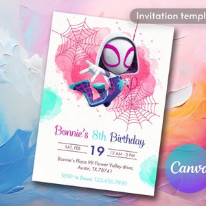 Puede incluir: Plantilla de invitación para una fiesta de cumpleaños número 8 con una imagen de dibujos animados de Spider-Gwen sobre un fondo de acuarela rosa, azul y blanco. El texto dice "Bonnie's 8th Birthday", "SAT, FEB 19 12 AM-3 PM", "Bonnie's Place 99 Flower Valley drive, Austin, TX 78741" y "RSVP to Bonnie 123.456.7890".