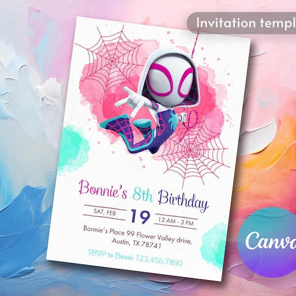 Gwen Birthday Invitation, spider-verse girl birthday invite, editable Ghost Spidey invitation, Spidey Gwen party, girl spiderman birthday