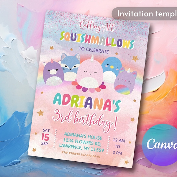 Printable Squish birthday invitation, girl birthday invite, squish invite, squishmallow Editable invitation, squishy party