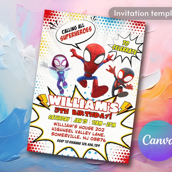 Printable Boy Birthday Invitation, superhero birthday invite, spidey friends invitation, spiderman birthday party invite, super hero