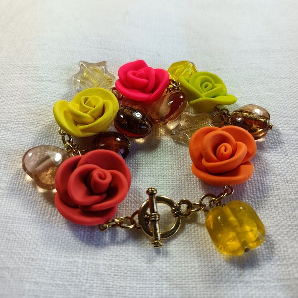 Bracelet de Roses FRUTTI PEP'S | Bracelet breloques en perles de verre de Murano-XL| Bracelet doré | Bracelet Acier Inoxydable |Pièce unique