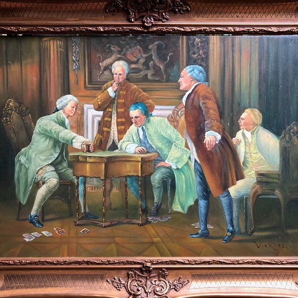 The Gamblers by Vickers, 19th century Oil on Canvas painting. English noblemen playing cards and dice