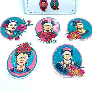 Set mit 5 wunderschönen und farbenfrohen holografischen Aufklebern mit dem Porträt von Frida Kahlo, individuell geschnittene Aufkleber mit glänzender Oberfläche