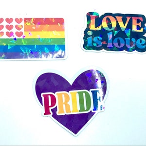 Set mit 3 LGTBQ+-Aufklebern, Packung mit 3 holografischen Protestaufklebern mit Glitzer-Gay-Pride, Geschenk 28. Juni, Regenbogenflagge, Liebe