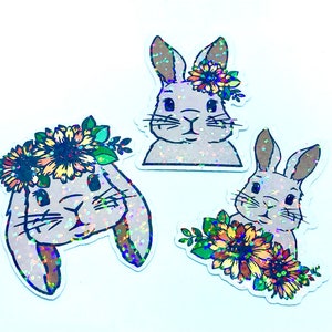 Set mit 3 holografischen Aufklebern, Hasen mit Sonnenblumen, florales Tierdesign, Aufkleber für Kindle und Laptop, Osterhase, Geschenk für sie
