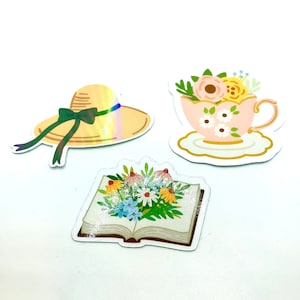 Set mit 3 ausgeschnittenen holografischen Aufklebern, romantischen Vintage-Aufklebern in Pastellfarben, Laptop- und Kindle-Dekoration, Geschenk für Sie, Bücherwurm,